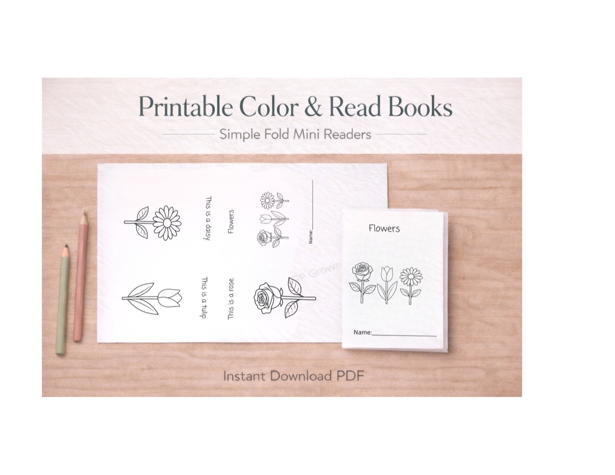 Preview of the free Flowers color-and-read mini book