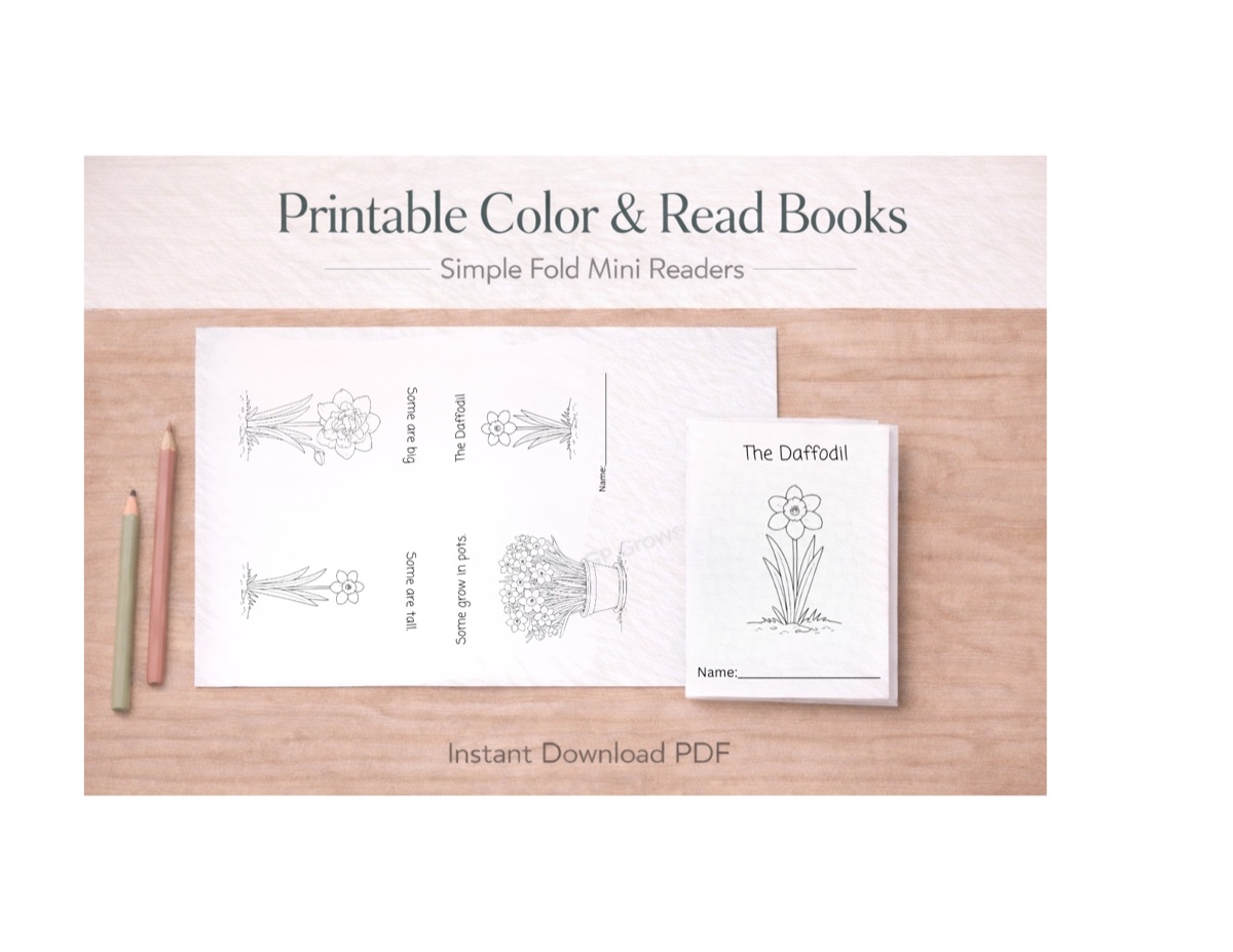 Preview of the free Daffodil color-and-read mini book