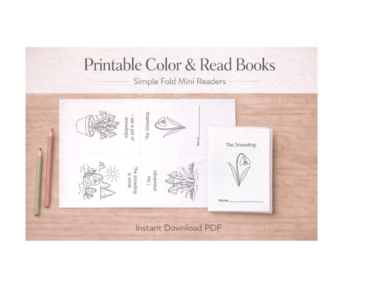 Preview of the free Snowdrop color-and-read mini book