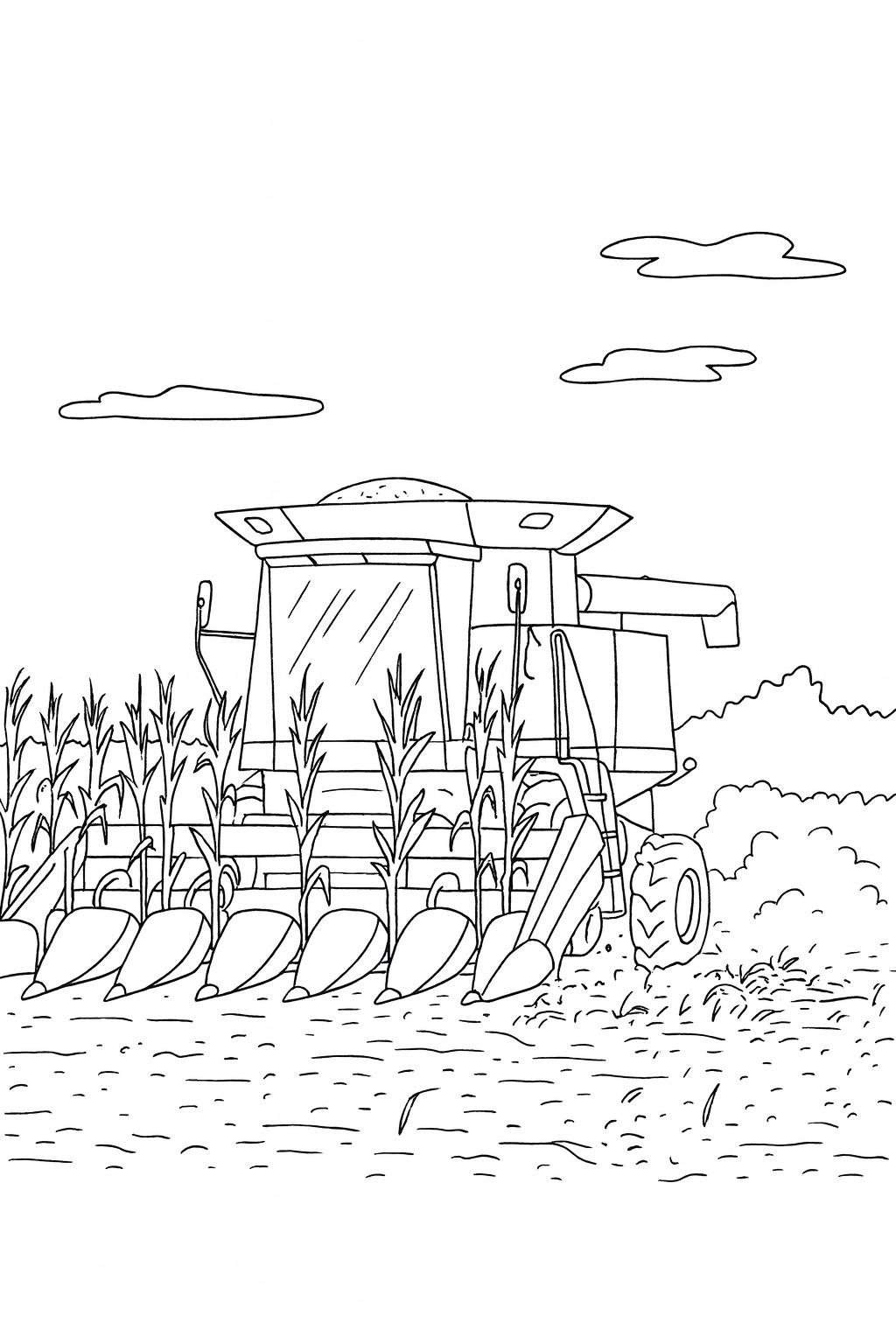Black-and-white autumn harvest tractor printable coloring page