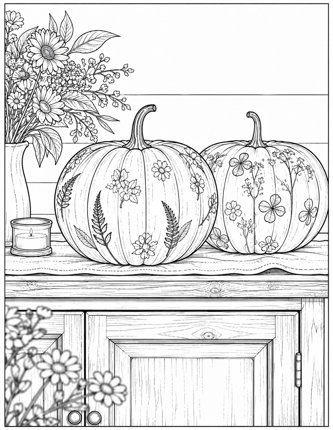 Black-and-white autumn floral pumpkin still life printable fall coloring page
