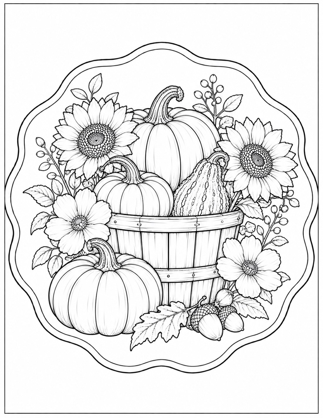 Black-and-white autumn harvest basket printable fall coloring page