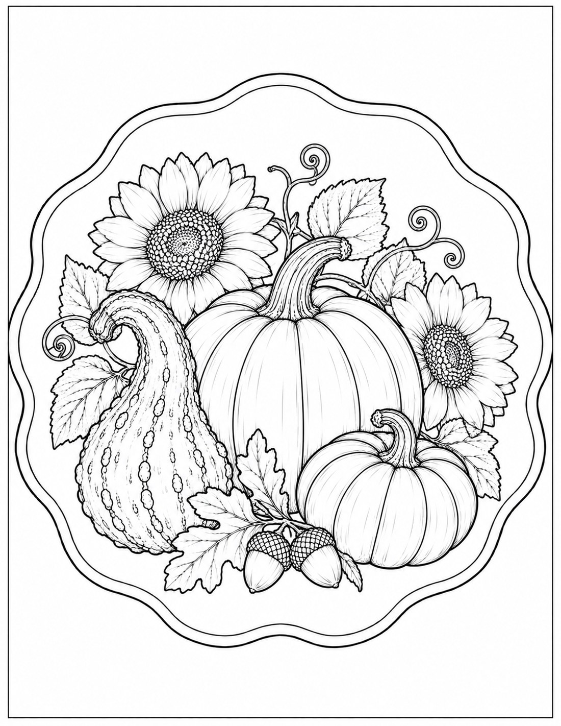 Black-and-white autumn harvest botanical still life printable fall coloring page