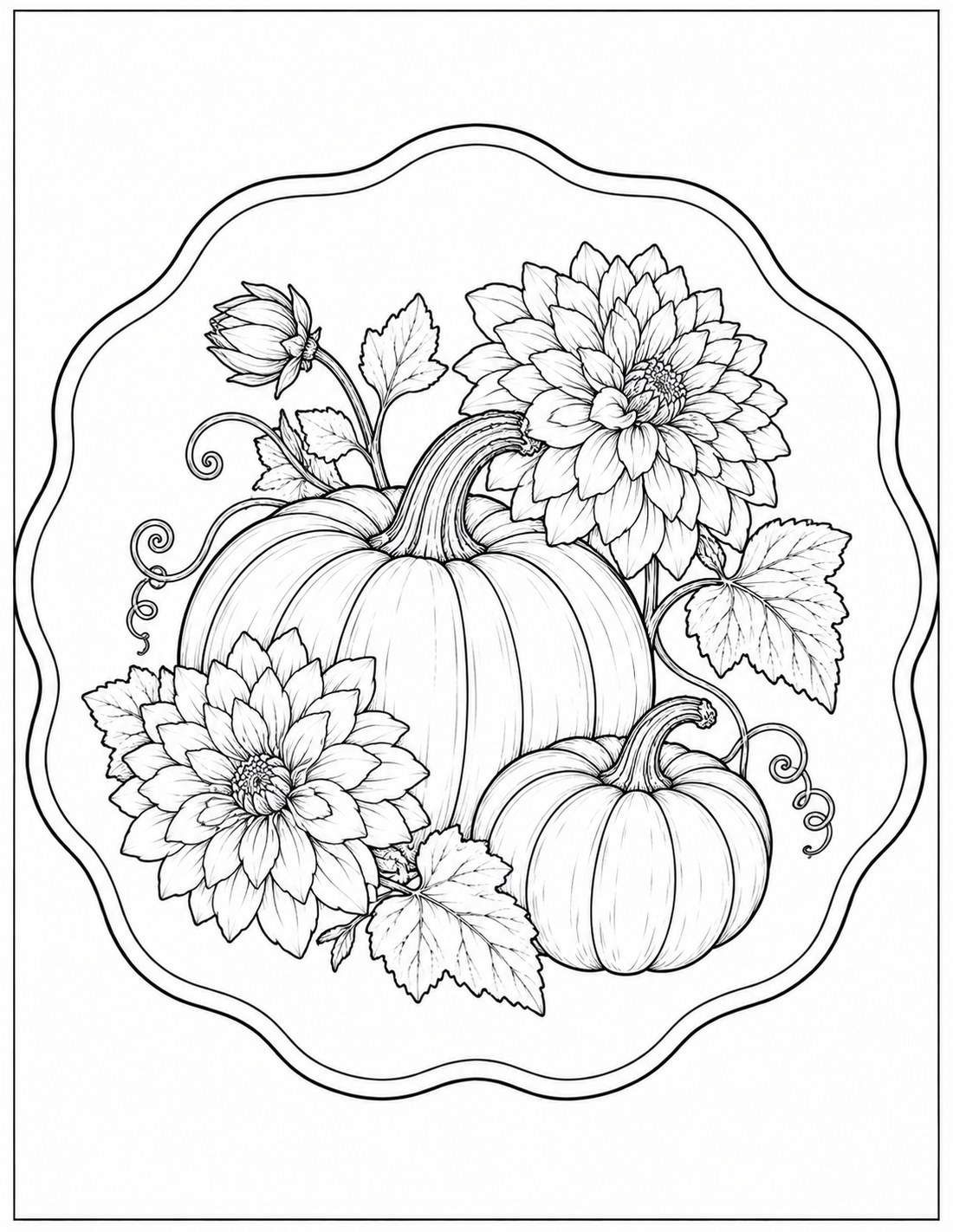 Black-and-white autumn harvest floral medallion printable fall coloring page
