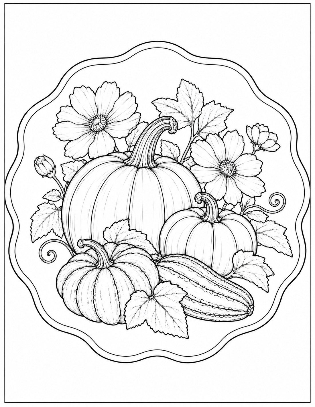 Black-and-white autumn pumpkin & cosmos medallion printable fall coloring page