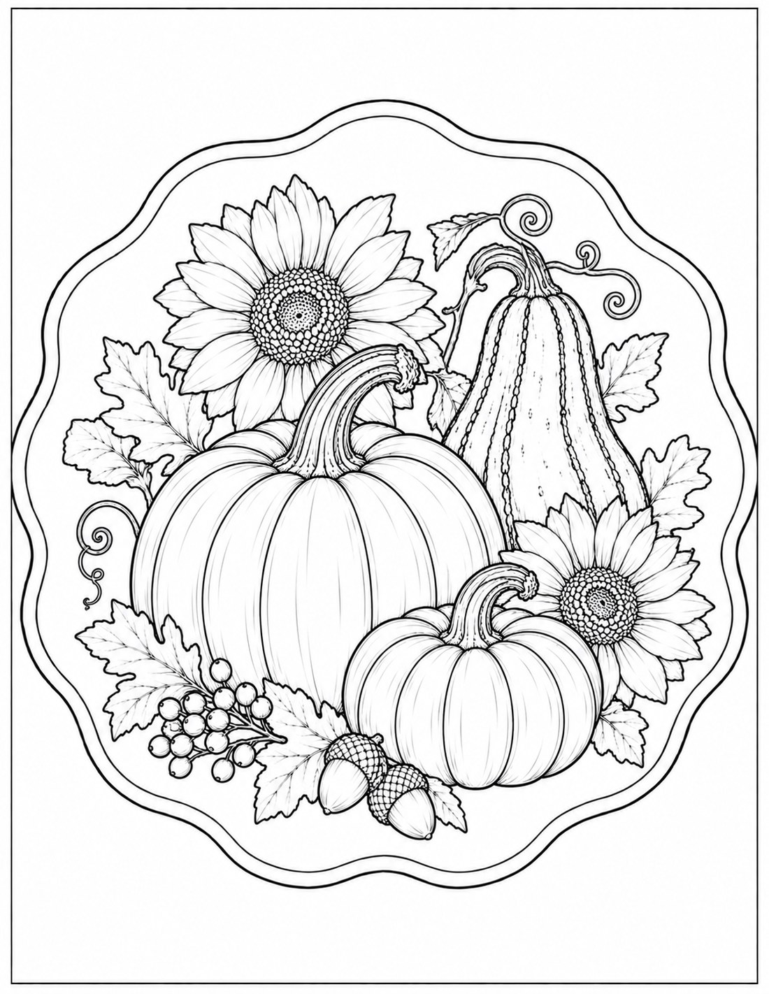 Black-and-white autumn pumpkin & dahlia medallion printable fall coloring page