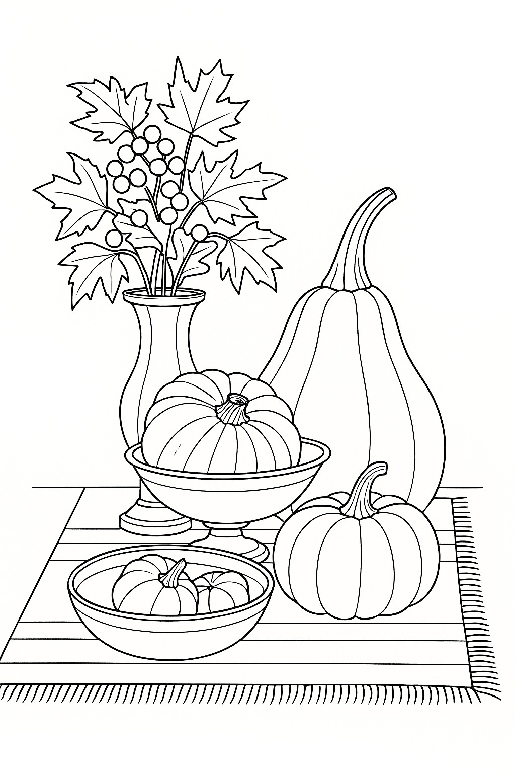 Black-and-white autumn pumpkin still life printable coloring page
