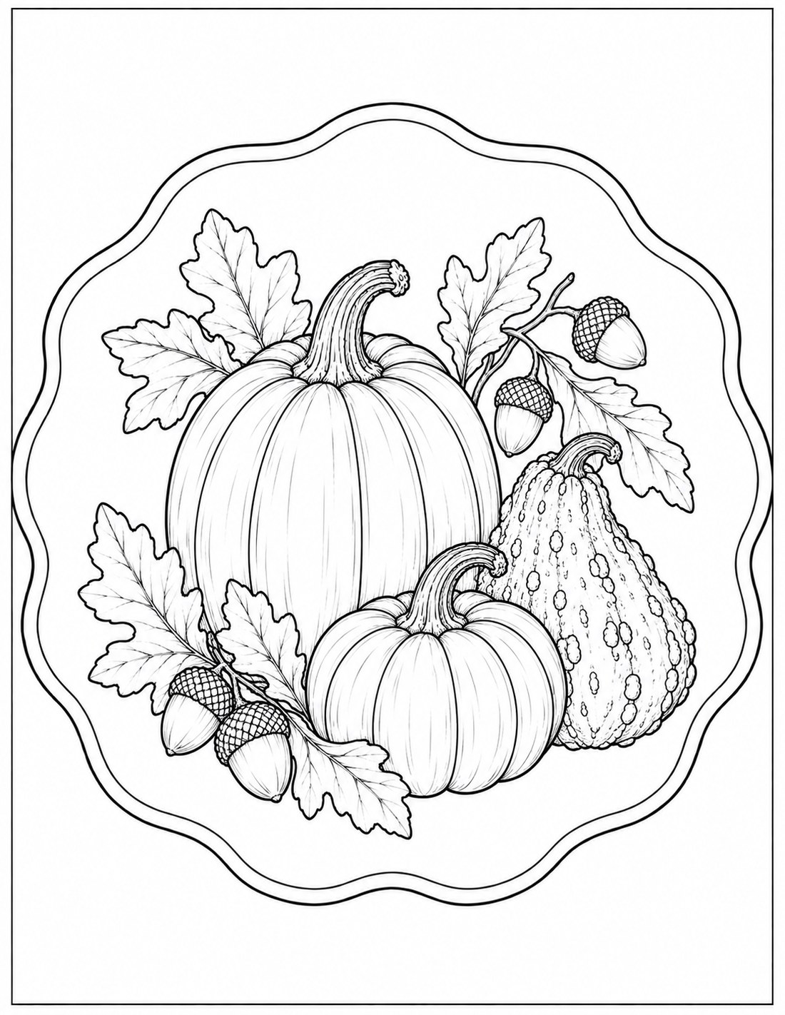 Black-and-white autumn pumpkin & sunflower medallion printable fall coloring page