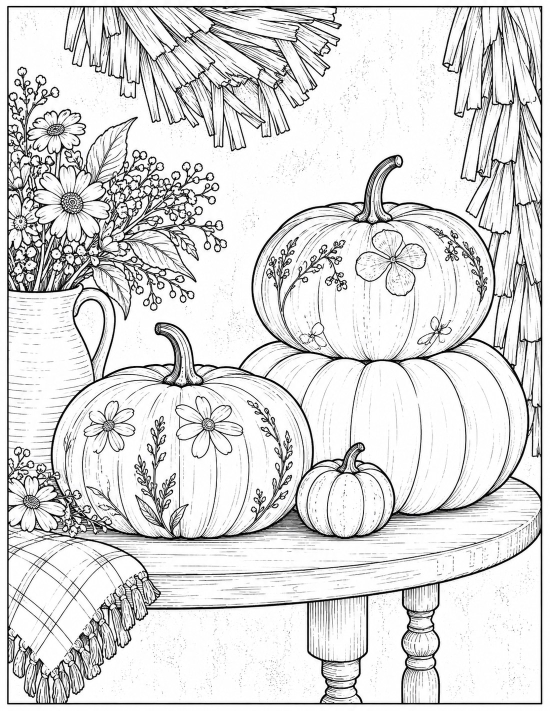 Black-and-white autumn pumpkin table still life printable fall coloring page