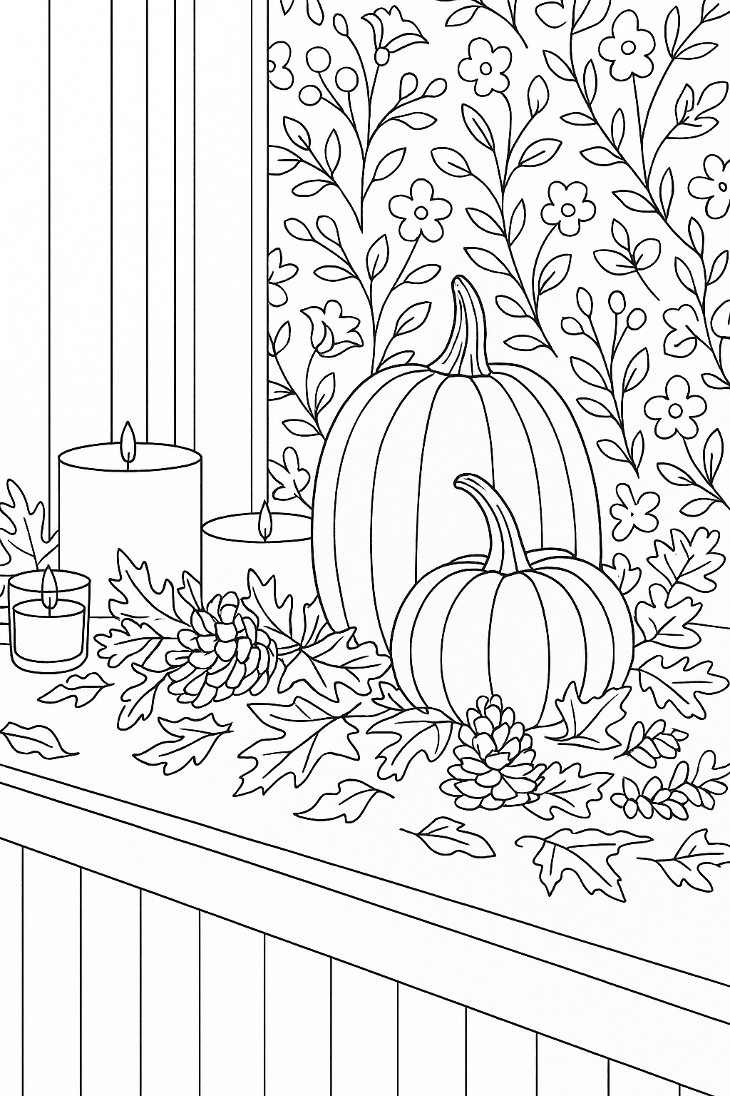 Black-and-white autumn windowsill printable coloring page
