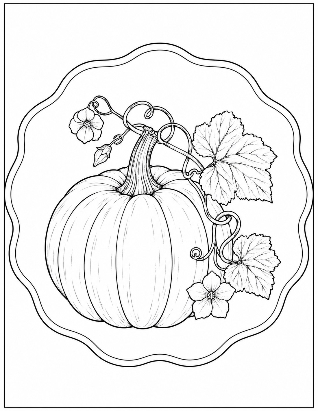 Black-and-white botanical pumpkin vine mandala printable fall coloring page