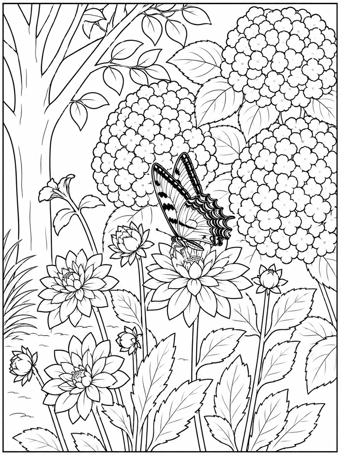 Butterfly among hydrangeas and garden flowers coloring page