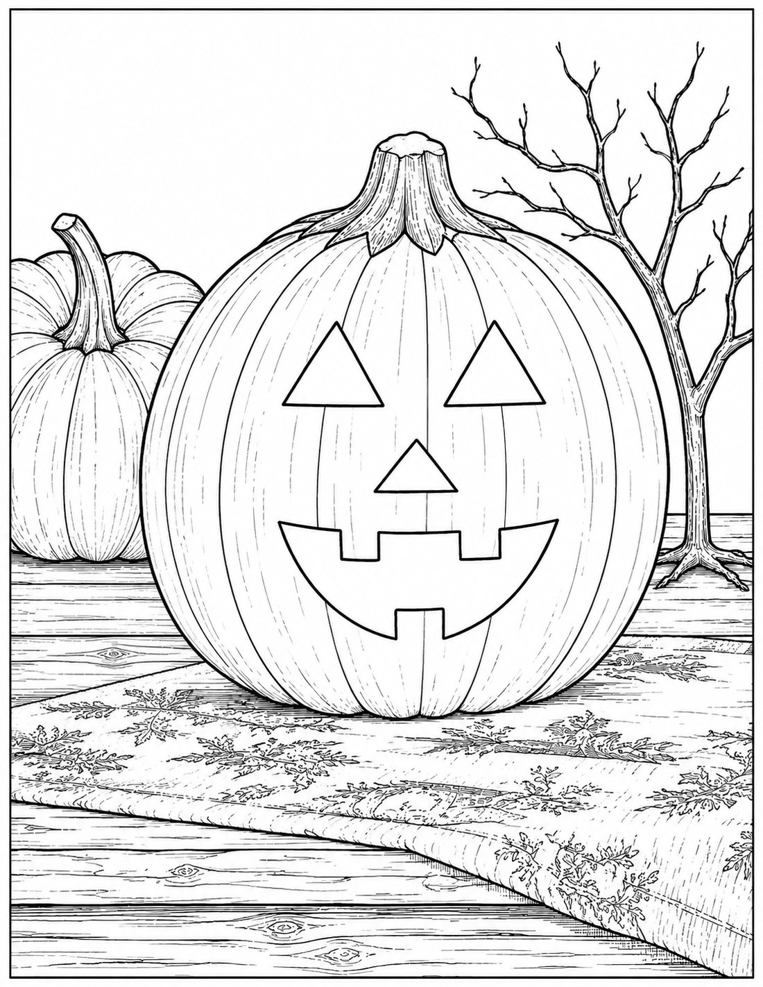 Black-and-white cozy jack-o’-lantern still life printable fall coloring page