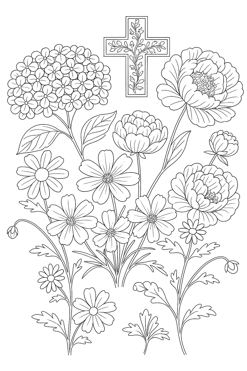 Black-and-white cross & flower garden printable coloring page