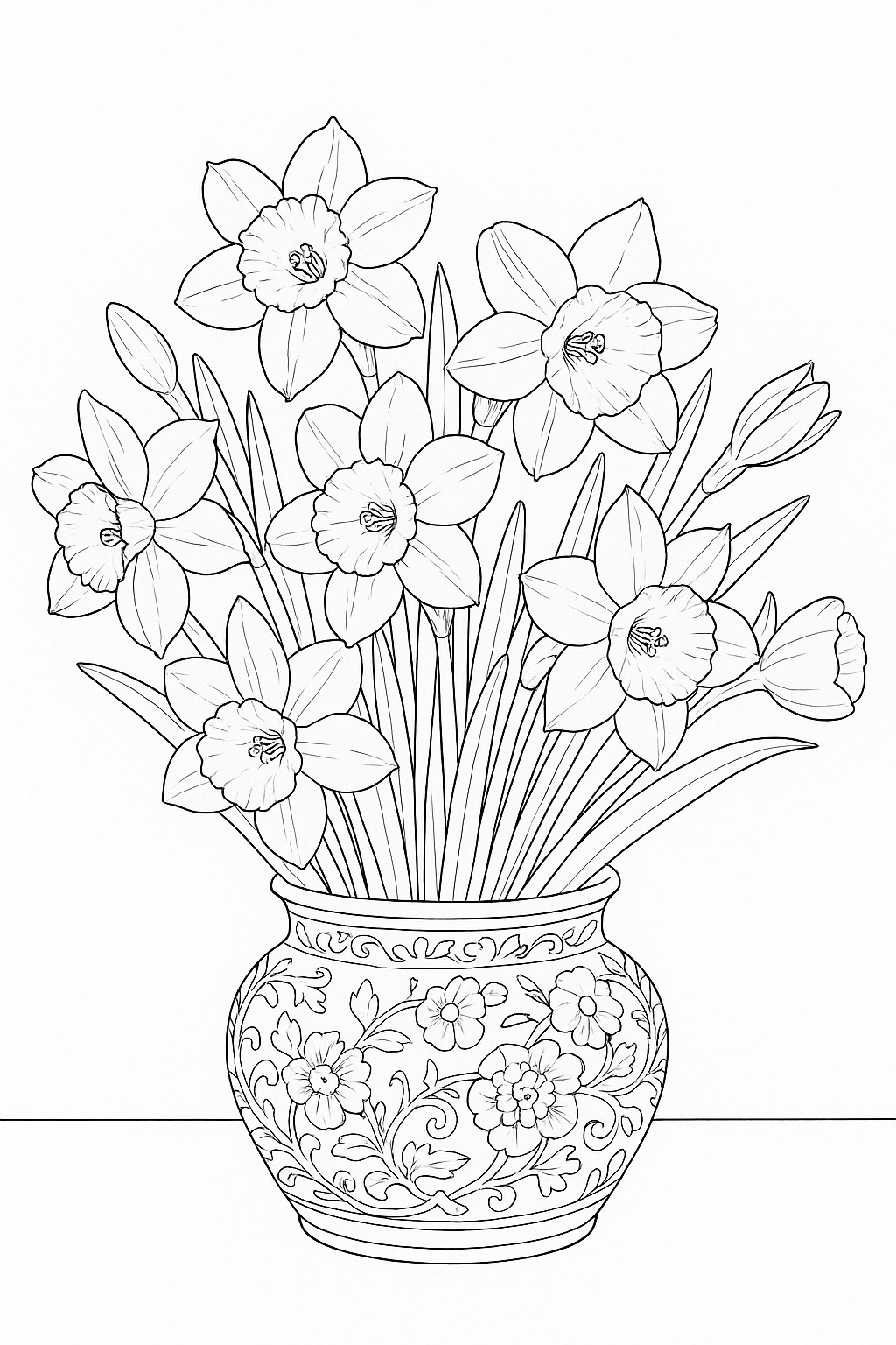 Black-and-white daffodil bouquet vase printable coloring page