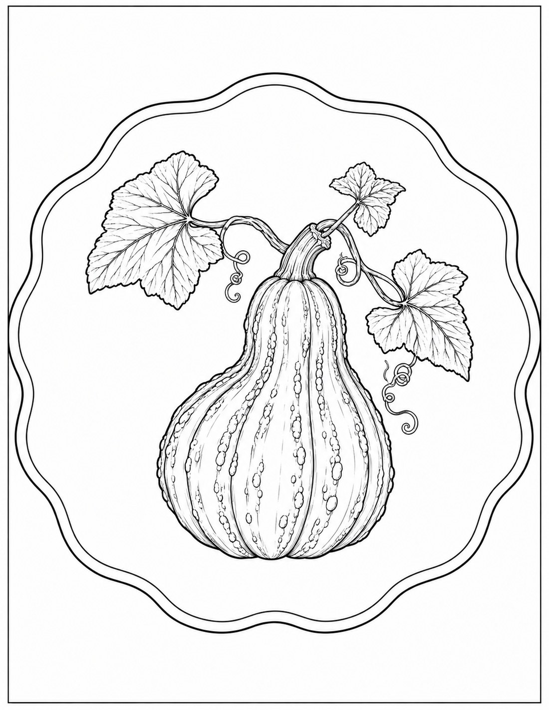 Black-and-white decorative gourd botanical plate printable fall coloring page