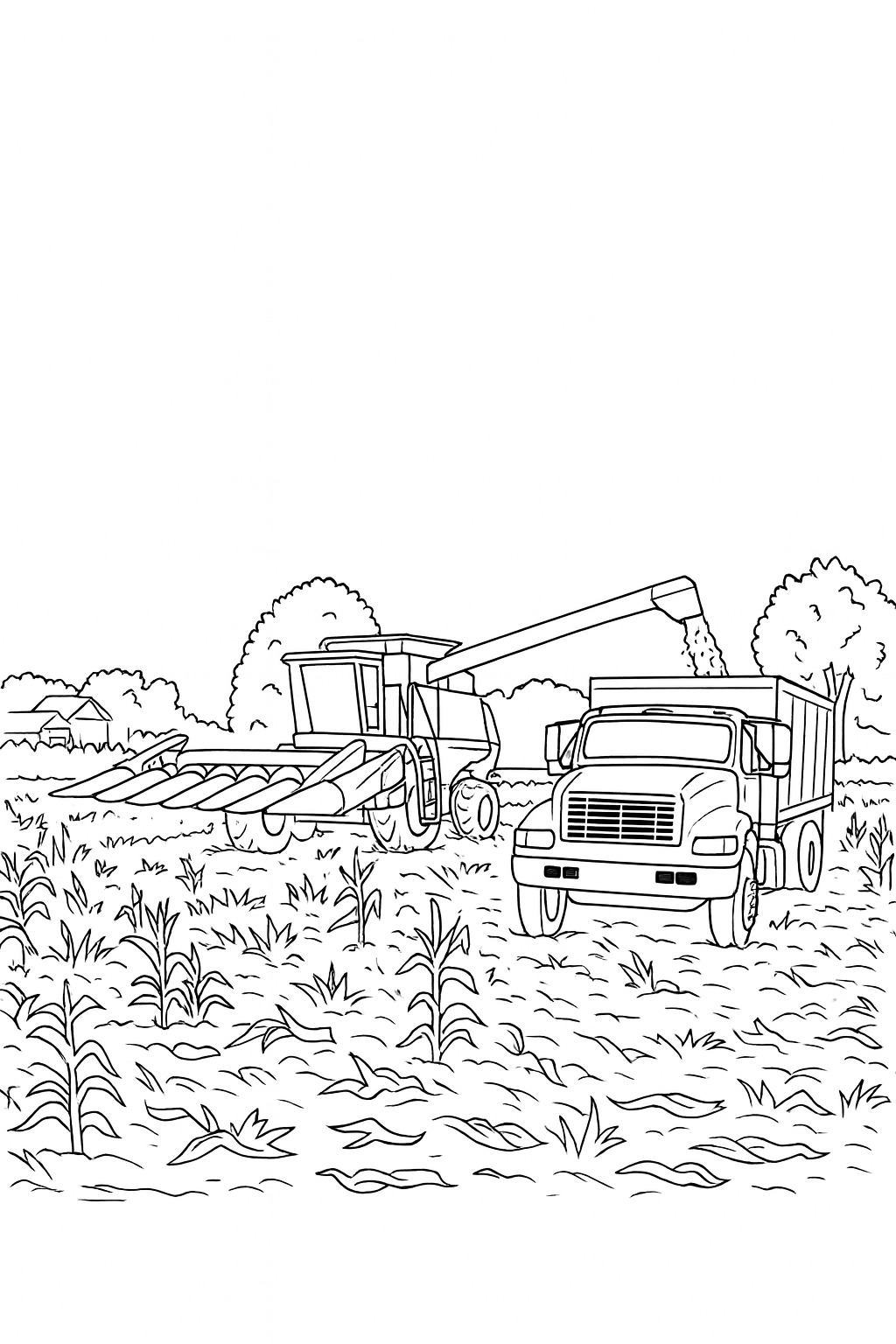 Black-and-white farm truck harvest printable coloring page