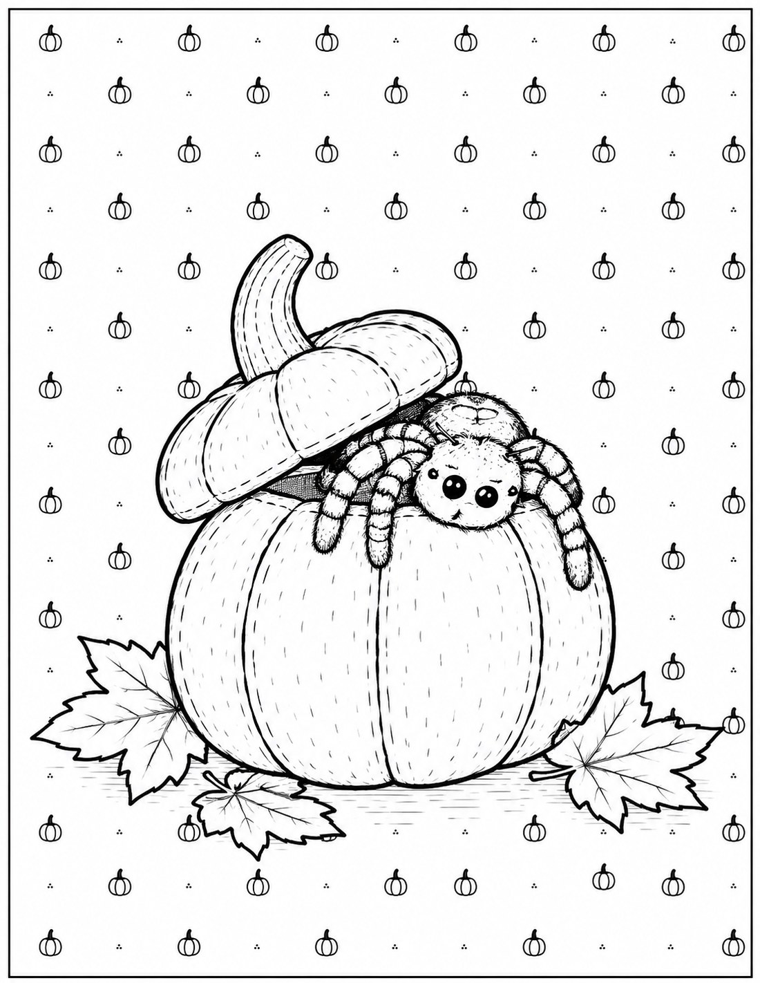 Black-and-white felt spider peeking from a pumpkin printable fall coloring page