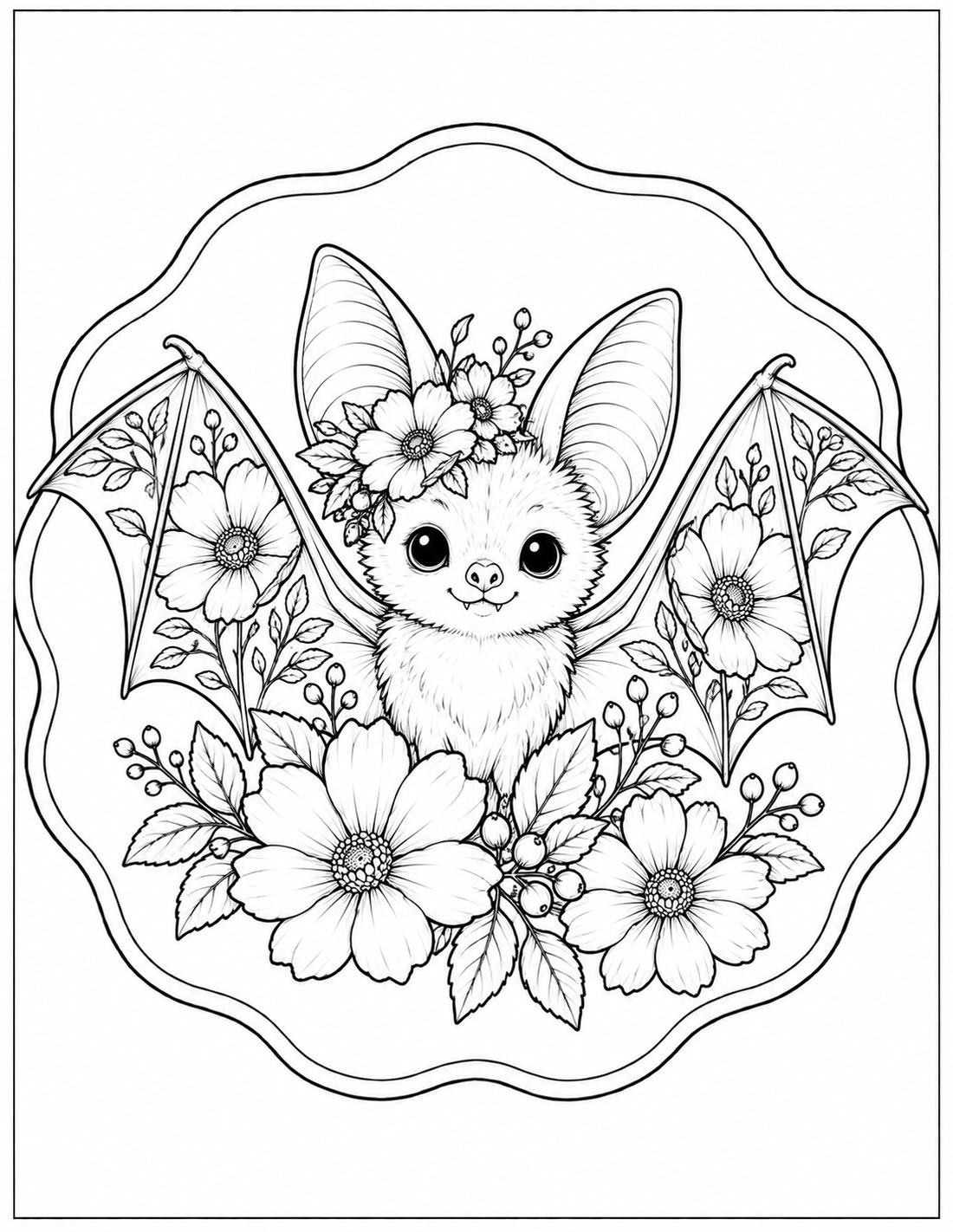 Black-and-white floral bat medallion printable fall coloring page