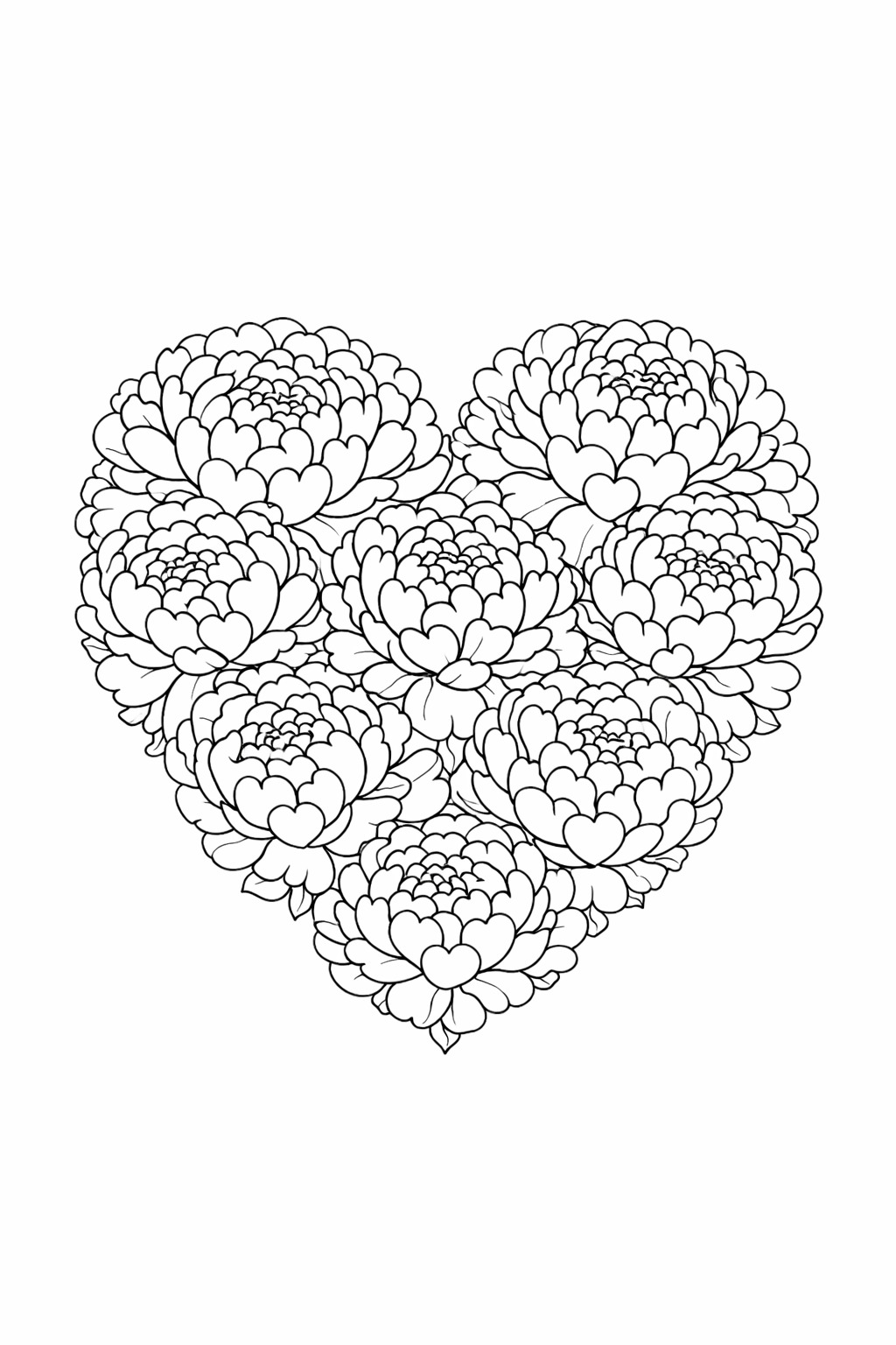 Black-and-white flower heart printable coloring page