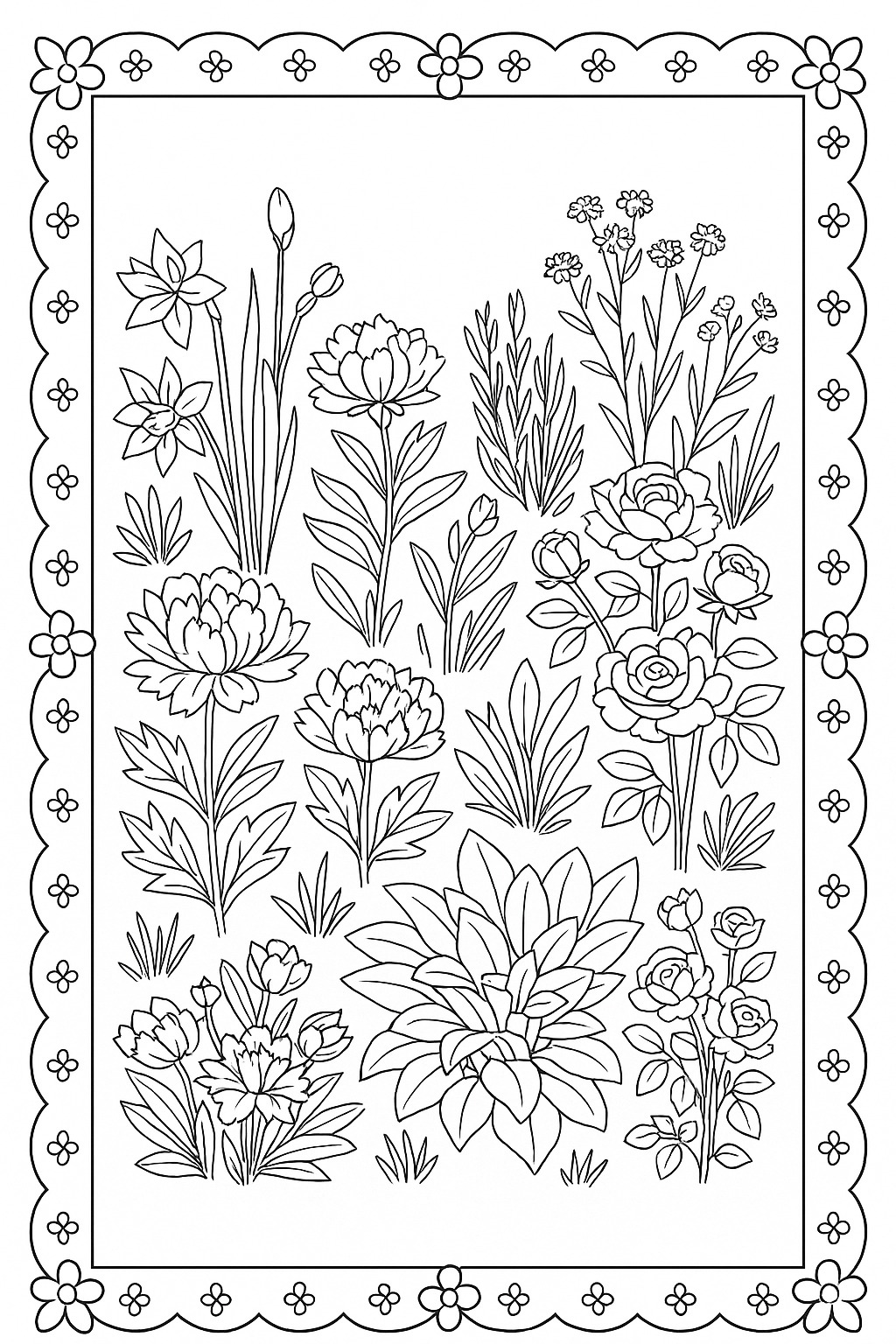 Black-and-white framed botanical garden printable coloring page
