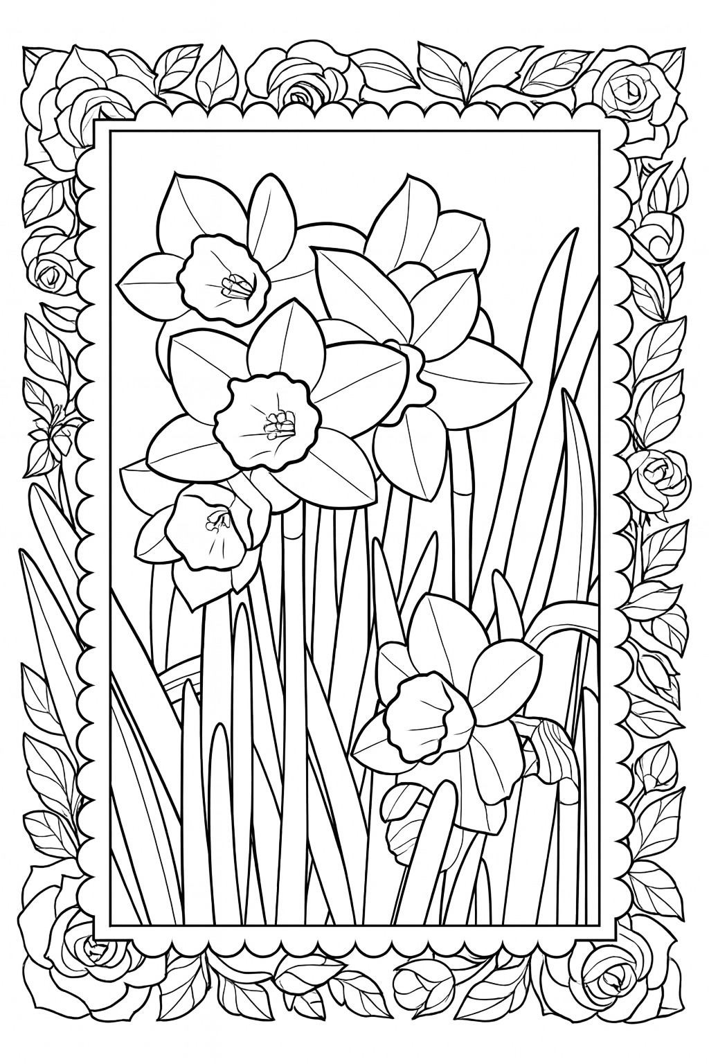 Black-and-white framed daffodil garden printable coloring page