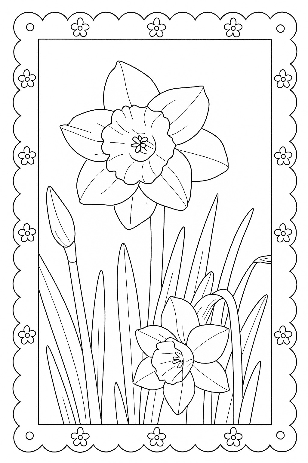 Black-and-white framed daffodils printable coloring page