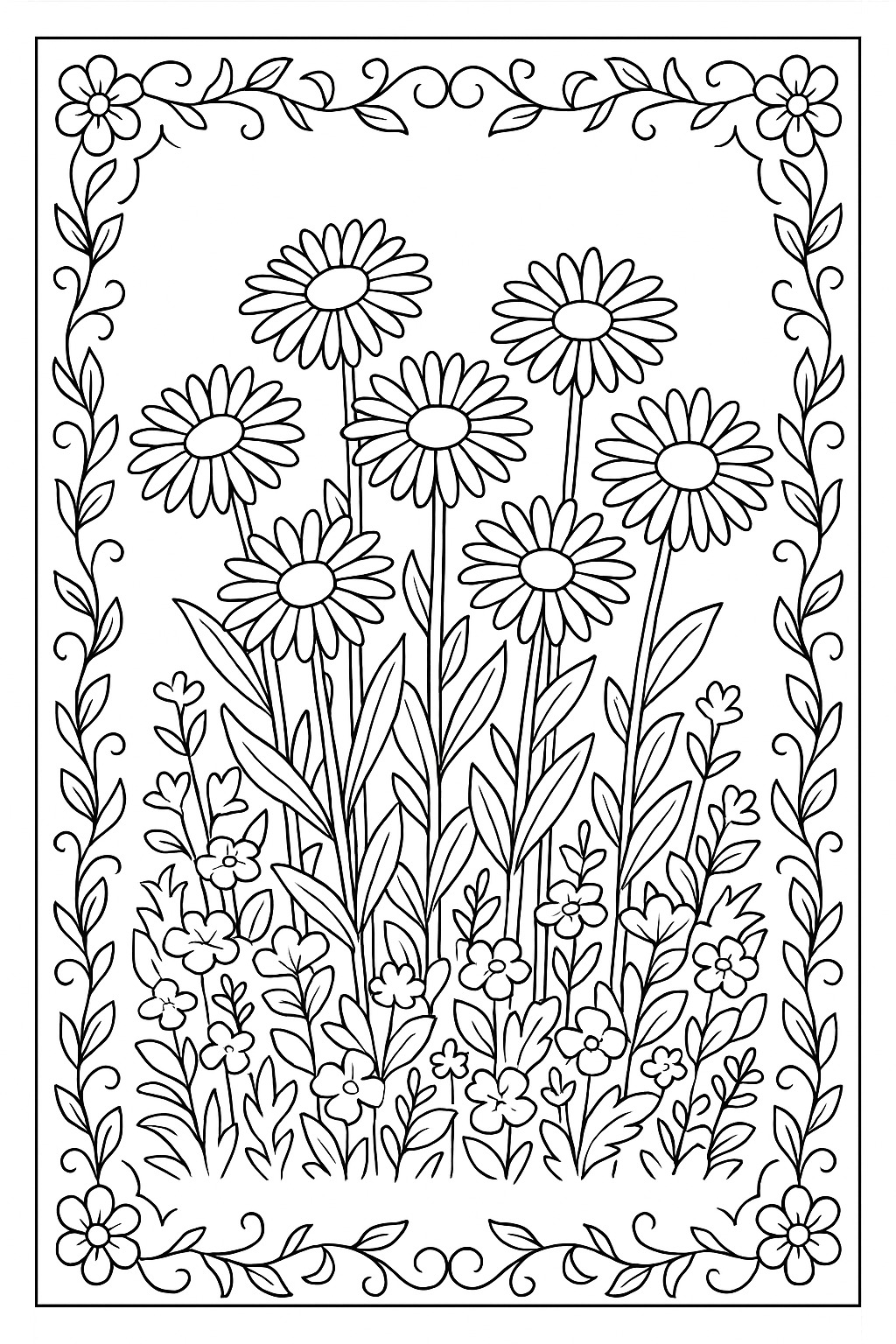 Black-and-white framed daisy garden printable coloring page