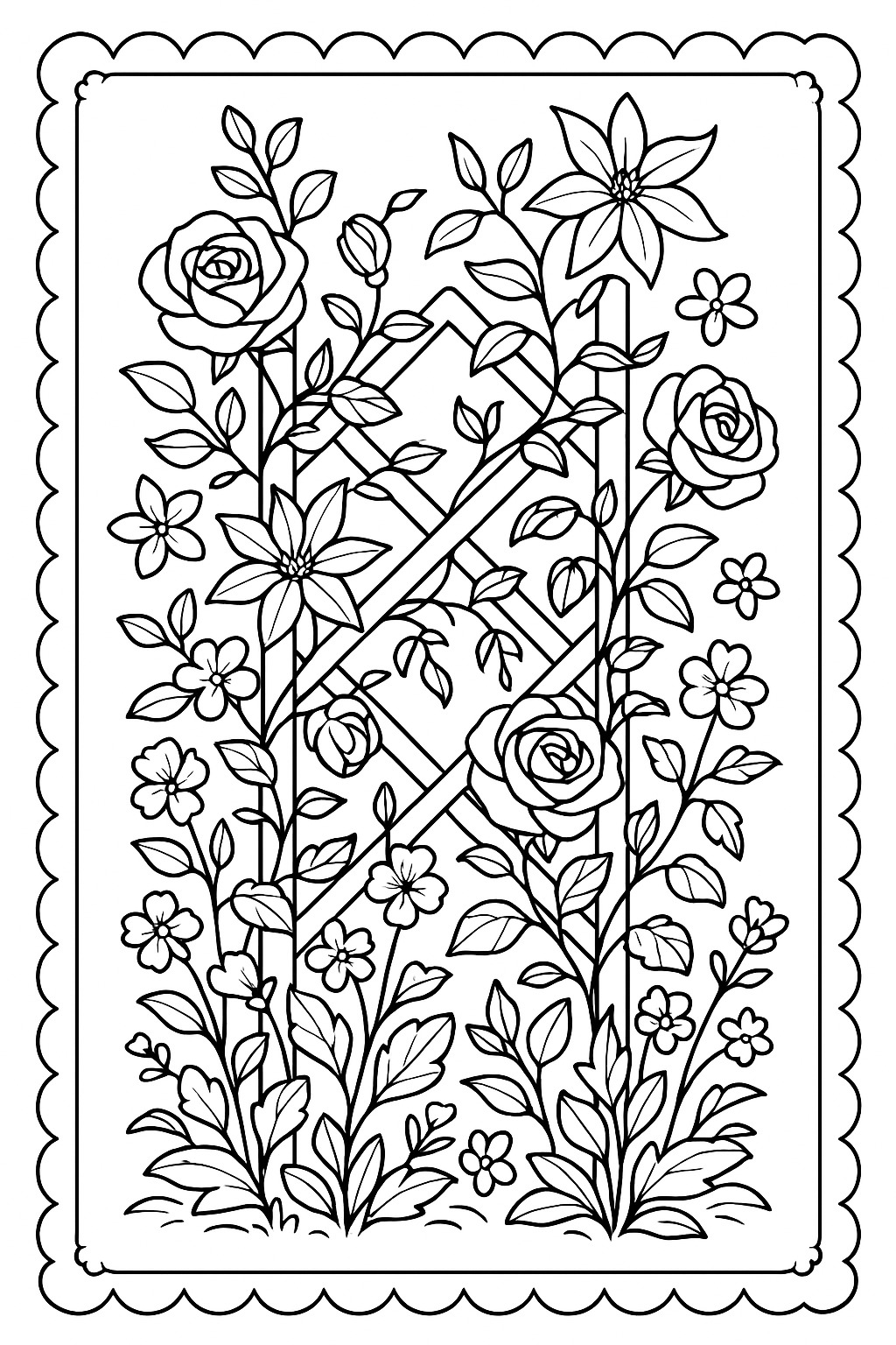 Black-and-white framed flower arch printable coloring page