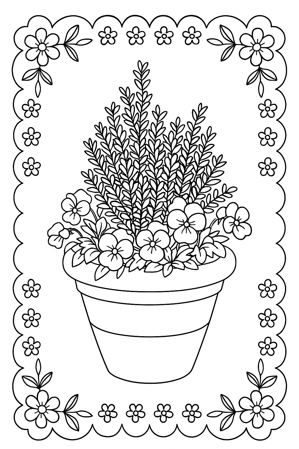 Black-and-white framed lavender pot printable coloring page