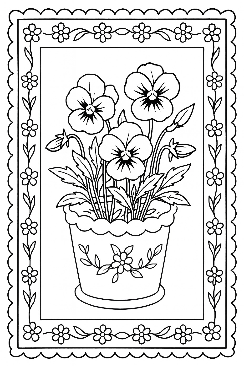 Black-and-white framed pansy flower pot printable coloring page