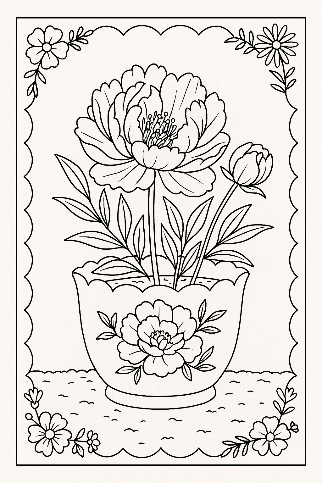 Black-and-white framed peony flower pot printable coloring page