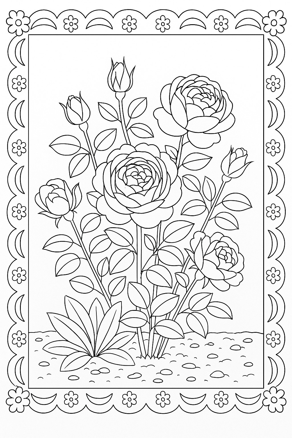 Black-and-white framed rose garden printable coloring page