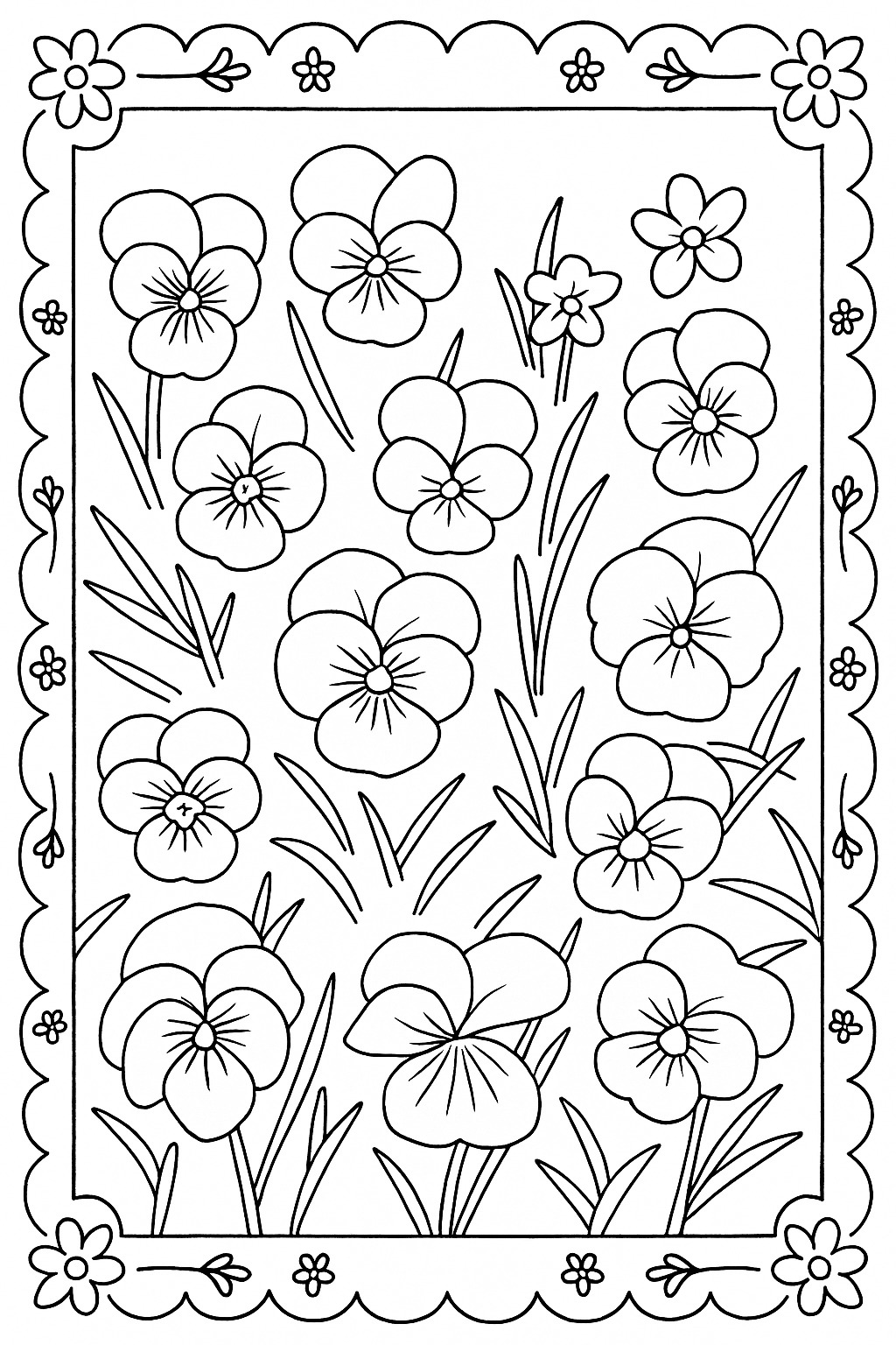 Black-and-white framed wildflower meadow printable coloring page
