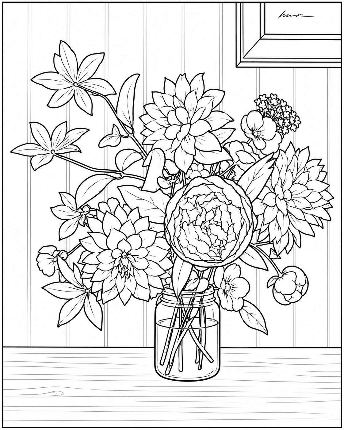 Detailed garden flower bouquet in a glass jar coloring page