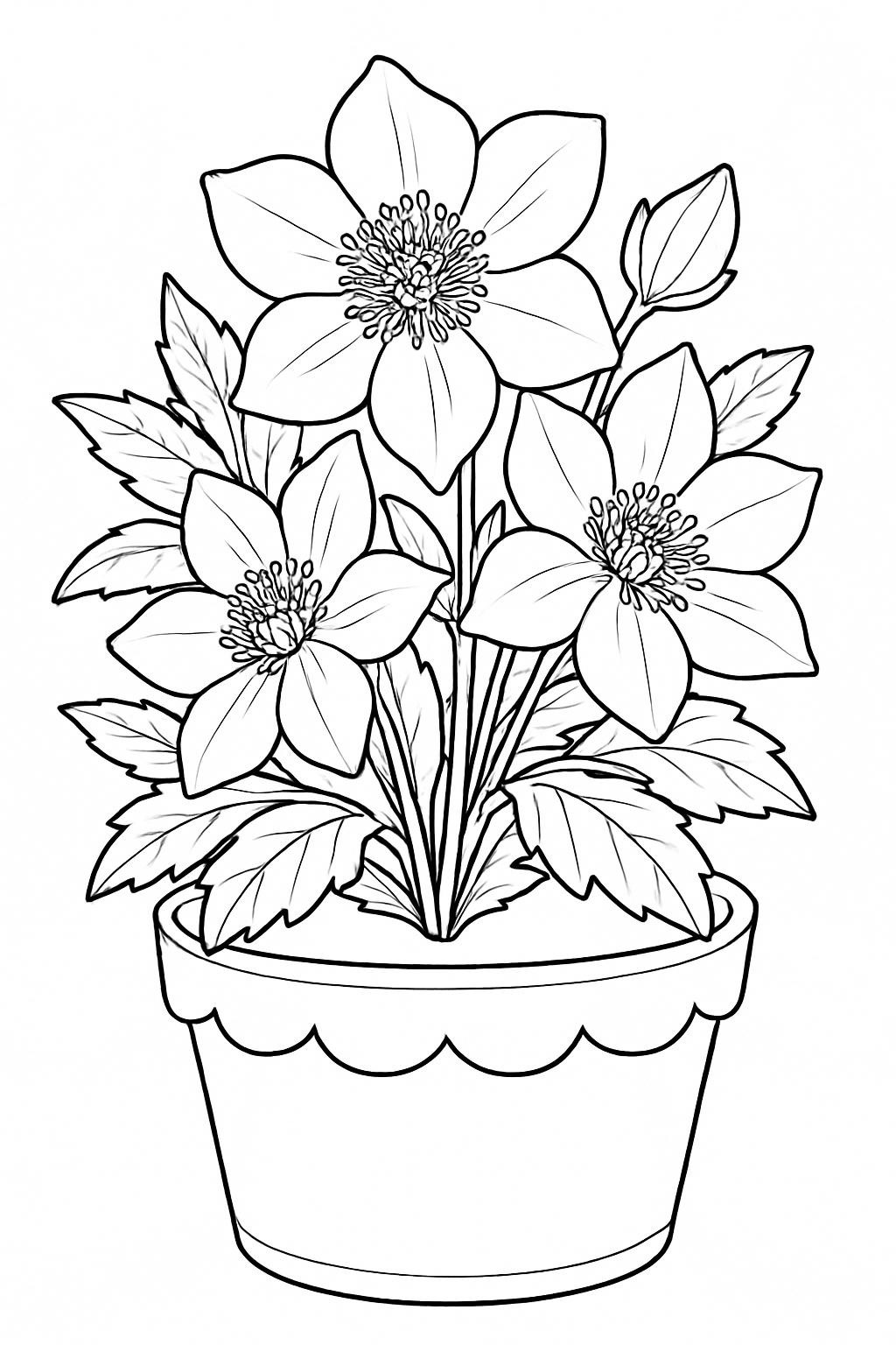 Black-and-white garden flowers in a pot printable coloring page