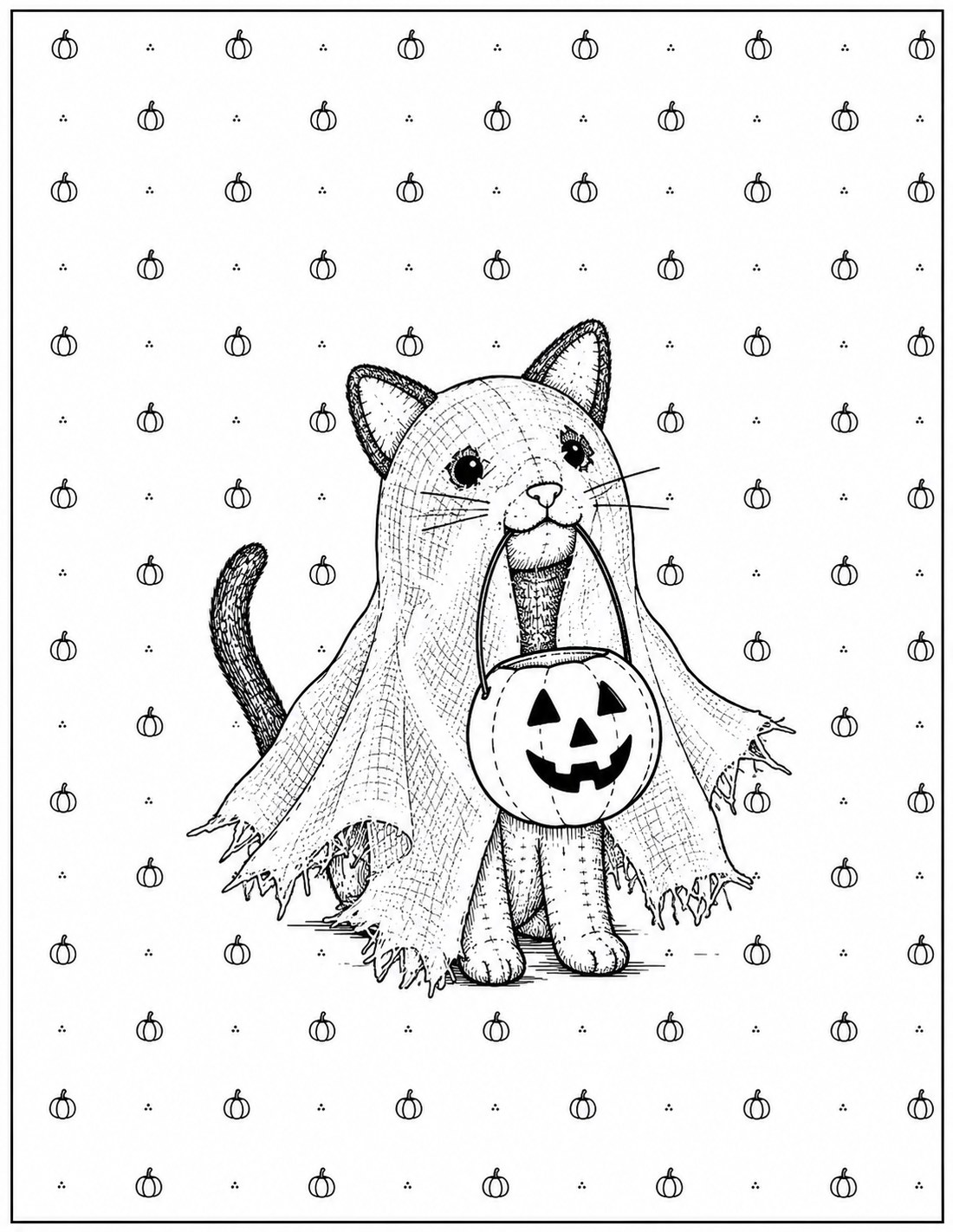 Black-and-white ghost cat with pumpkin bucket printable fall coloring page