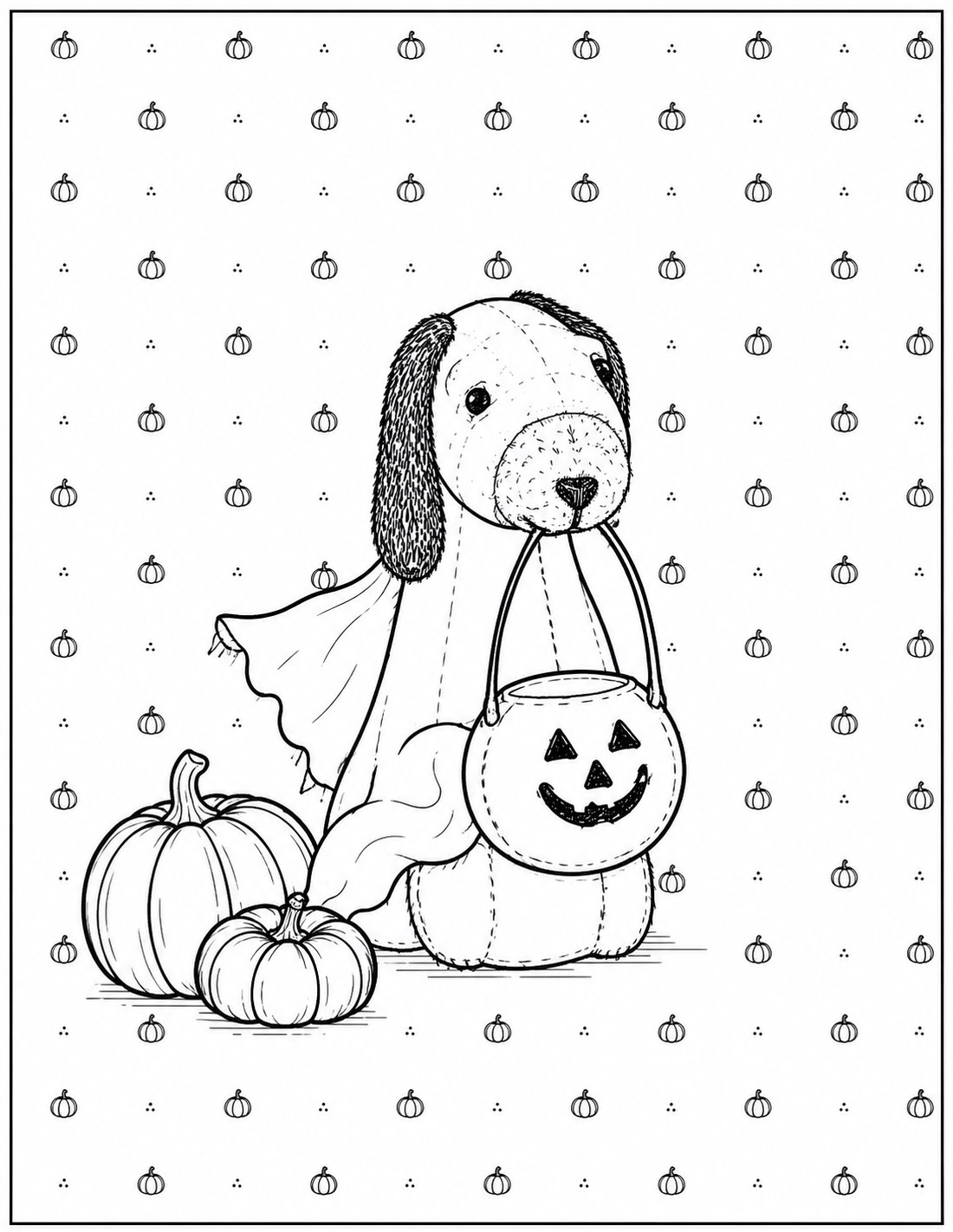 Black-and-white ghostly pumpkin pup printable fall coloring page