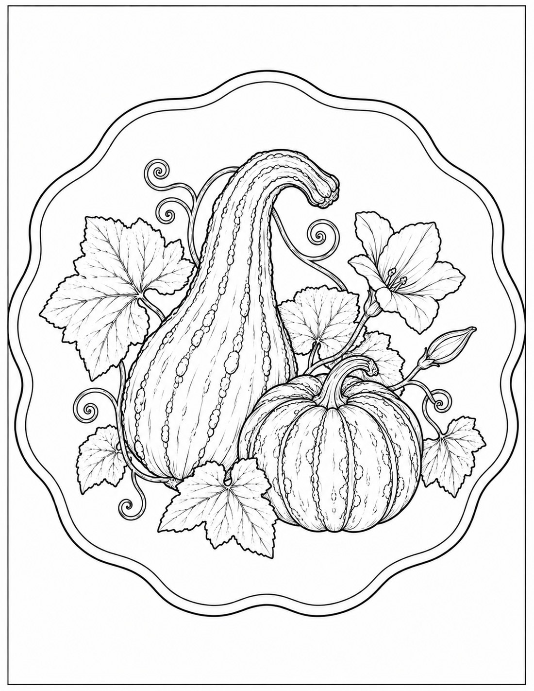 Black-and-white gourds & vines botanical medallion printable fall coloring page