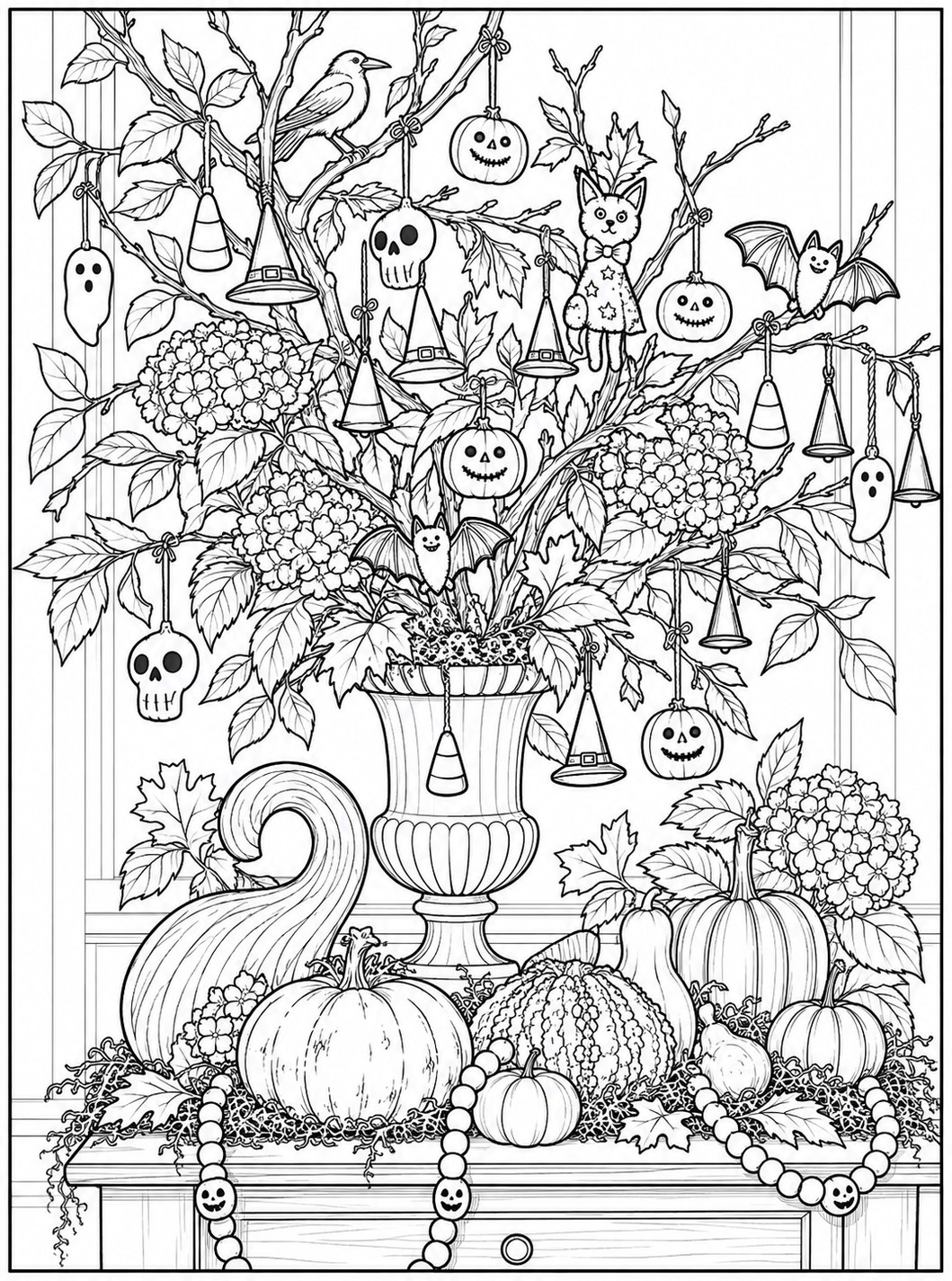 Black-and-white halloween autumn urn printable fall coloring page