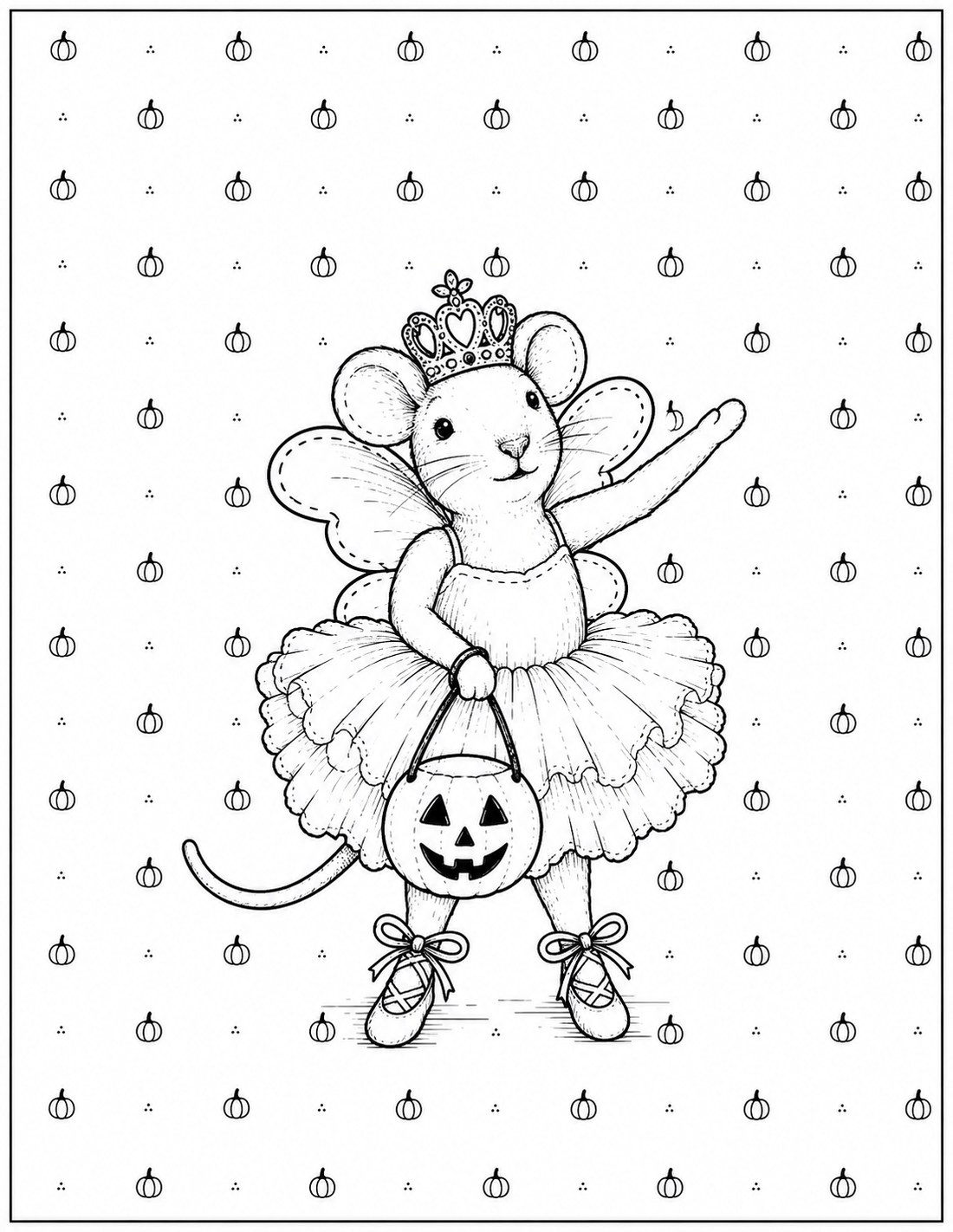 Black-and-white halloween fairy mouse printable fall coloring page