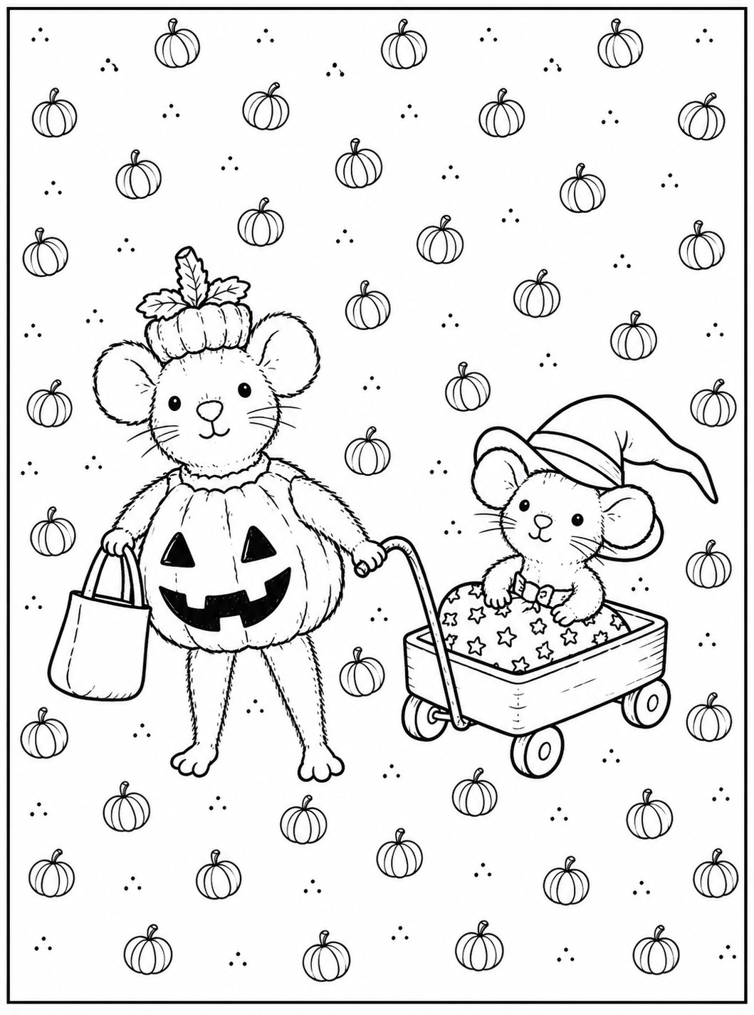 Black-and-white halloween mice pumpkin wagon printable fall coloring page
