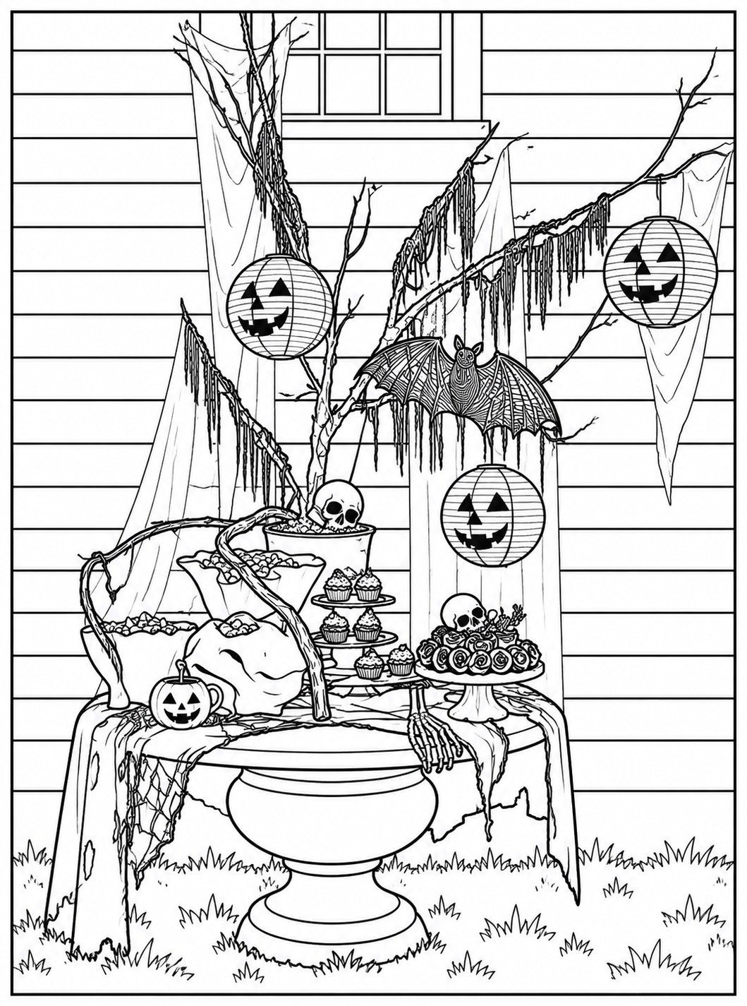 Black-and-white halloween porch party printable fall coloring page