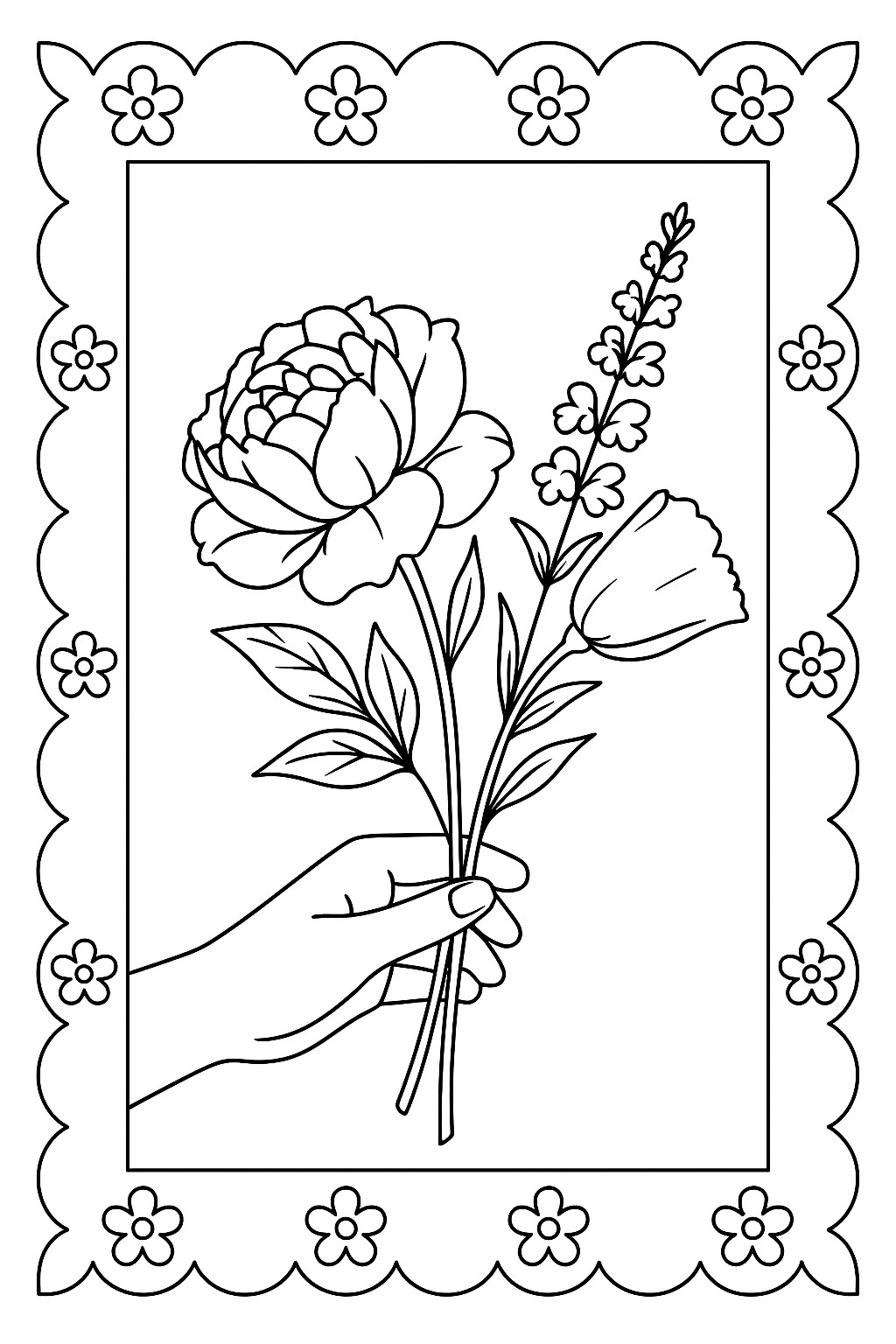 Black-and-white hand-tied rose bouquet printable coloring page