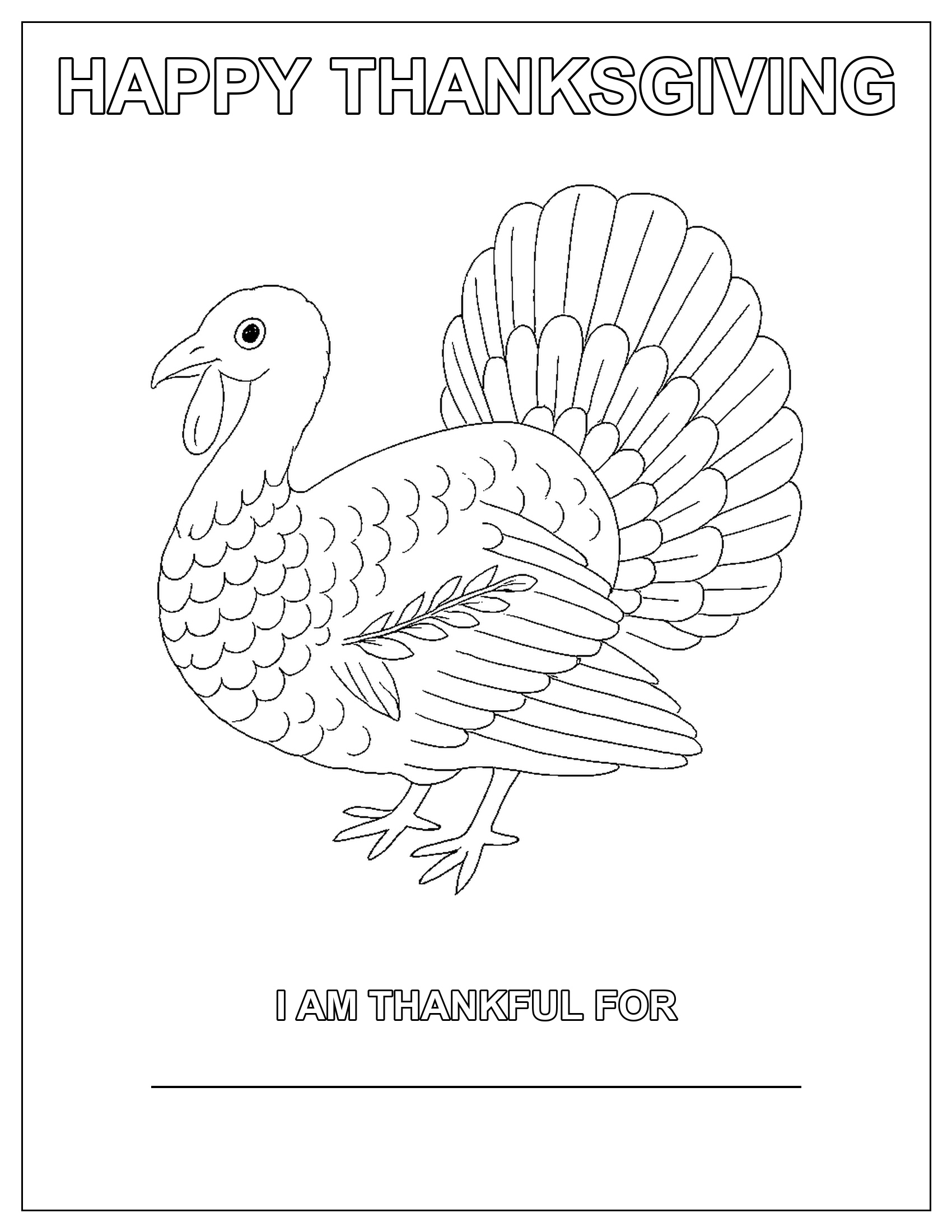 Happy Thanksgiving turkey coloring page with I am thankful for writing prompt