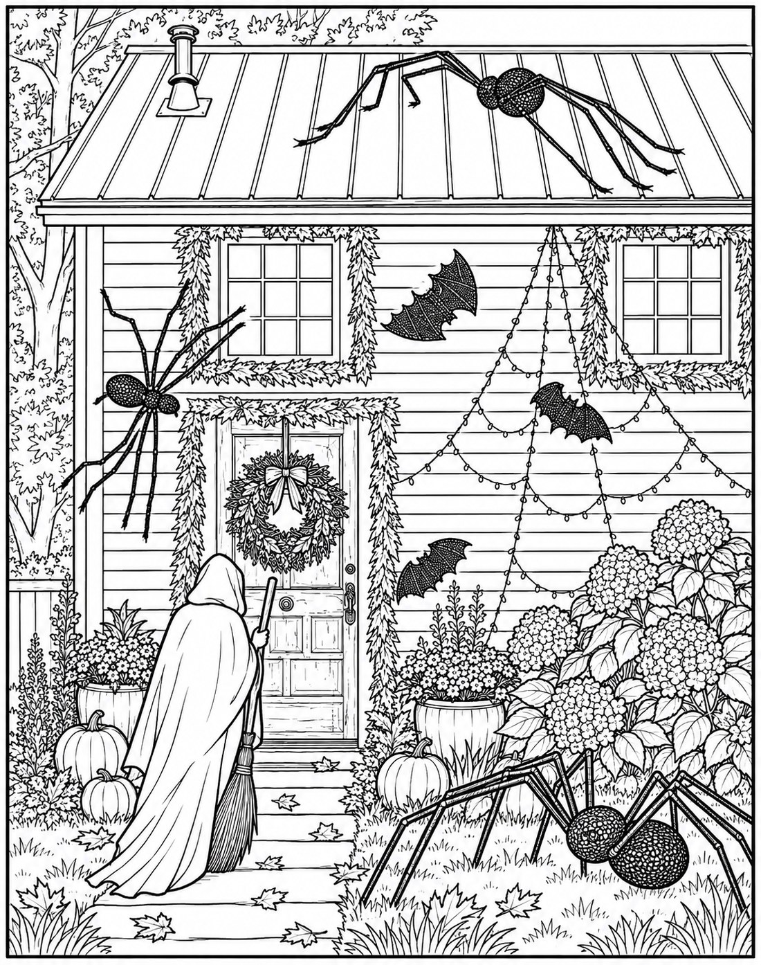 Black-and-white haunted cottage printable fall coloring page
