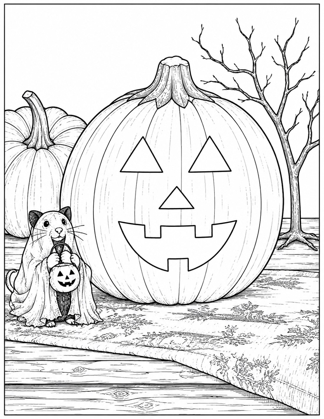 Black-and-white haunted tabletop jack-o’-lantern printable fall coloring page
