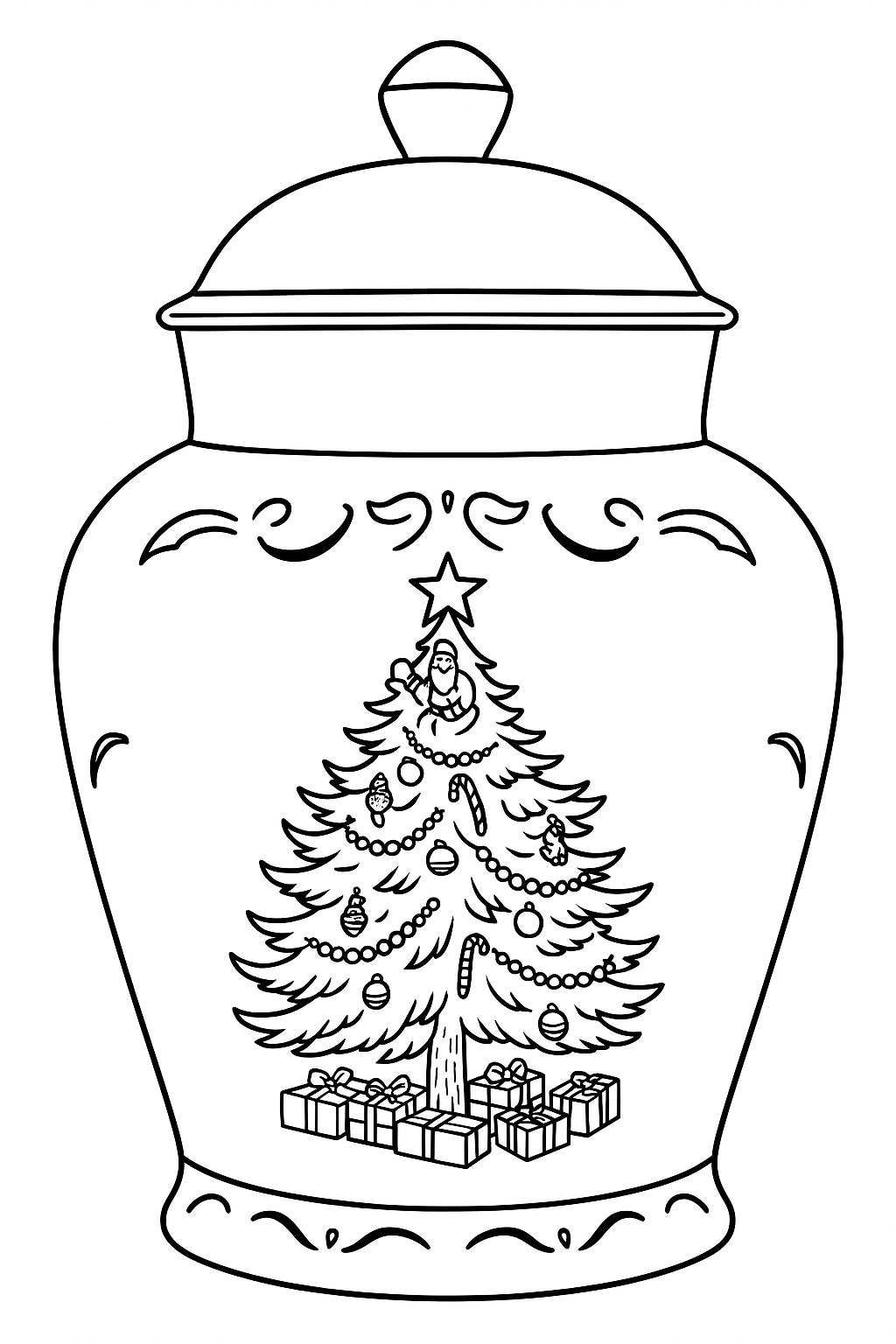 Black-and-white holiday tree ginger jar printable coloring page