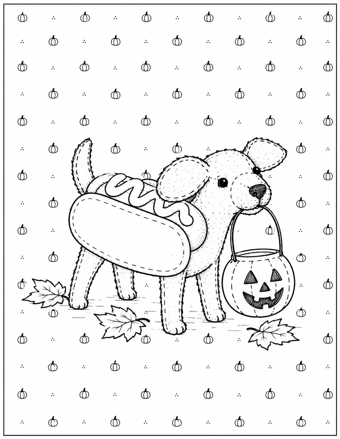 Black-and-white hot dog costume pup printable fall coloring page