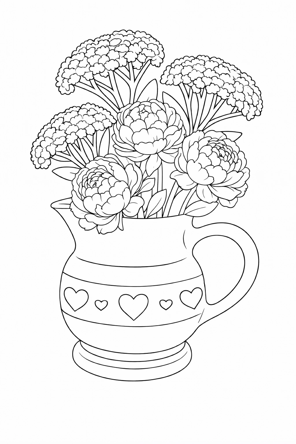 Black-and-white hydrangeas in a mug printable coloring page